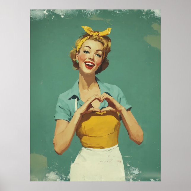 Retro Kvinna Sänder Kärlek Poster (Framsidan)