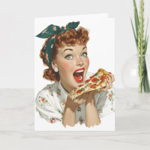 Retro Kvinna som njuter av pizzaslice Kort