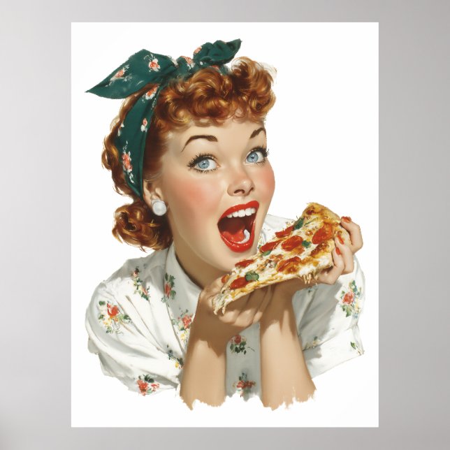 Retro Kvinna som njuter av pizzaslice Poster (Framsidan)