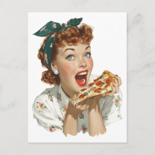 Retro Kvinna som njuter av pizzaslice Vykort