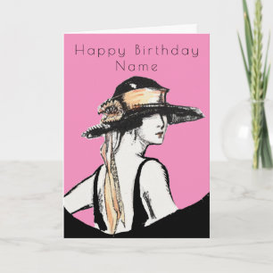 Retro Kvinna Svart Hatt Art Deco Rosa Födelsedag Kort
