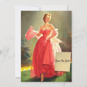 Retro kvinnan i en Rosa Ballgown, spara datumet Kort