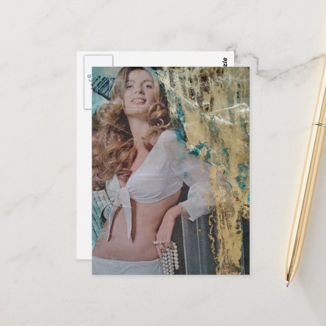 Retro lady with pearls Mixed media collage Vykort (Fram/Back In Situ)