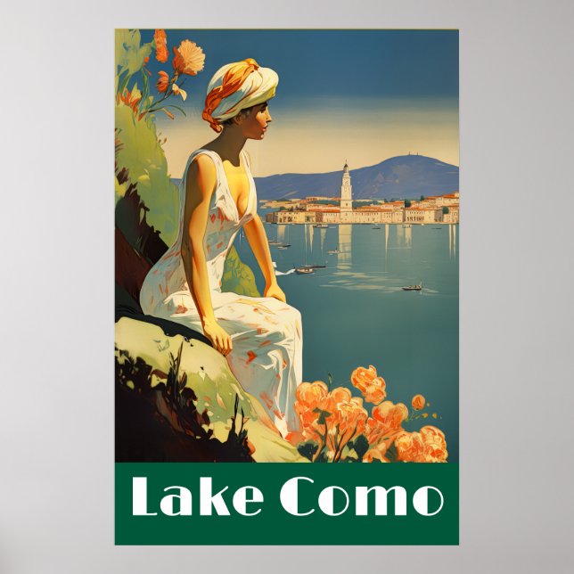 Retro Lake Como Italien Resa Romantisk Strandsida Poster (Framsidan)