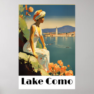 Retro Lake Como Italien Resa Romantisk Strandsida Poster