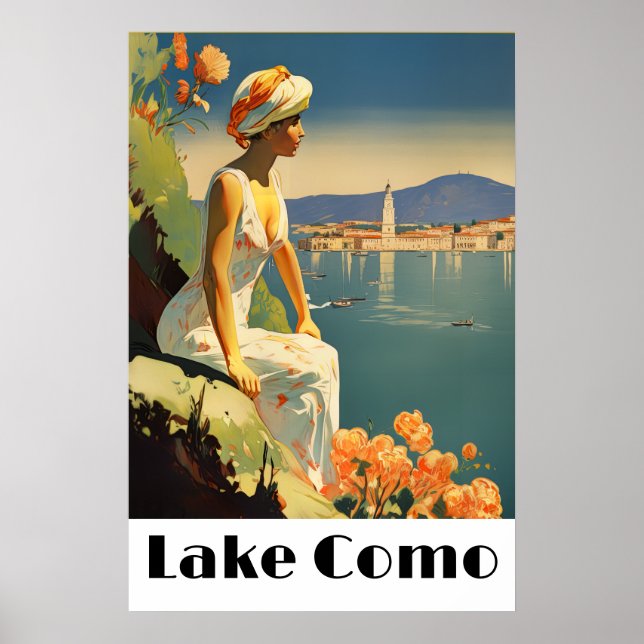 Retro Lake Como Italien Resa Romantisk Strandsida Poster (Framsidan)