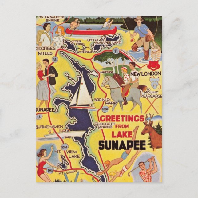 Retro Lake Sunapee NH Vykort (Framsida)