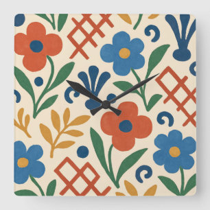 Retro Land Blommigt Trellis Mönster Fyrkantig Klocka