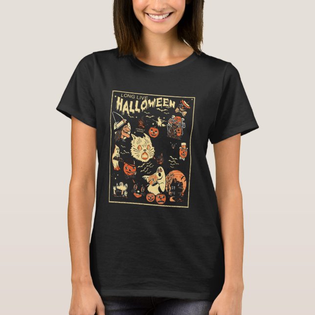 Retro Lång Skum Lived Halloween Pumpa Katt Spöke T Shirt (Framsida)