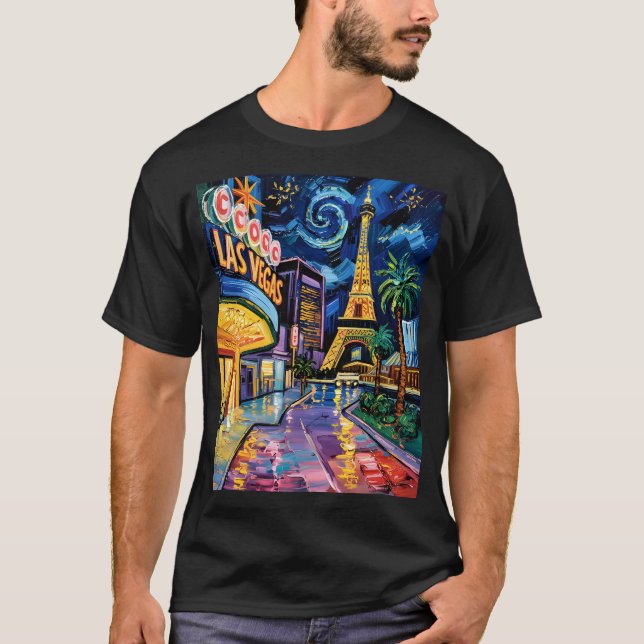 Retro Las Vegas Van Gogh Stil Casino Natten City T Shirt (Framsida)