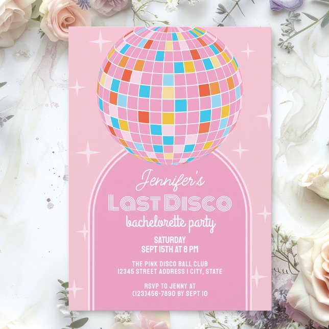Retro Last Disco Cute Rosa Arch Bachelorette Party Inbjudningar (Skapare uppladdad)