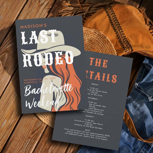 Retro Last Rodeo Bläck Black Itinerary Bachelorett Inbjudningar (last rodeo bachelorette weekend invitation itinerary retro vintage elegant glam black orange art )