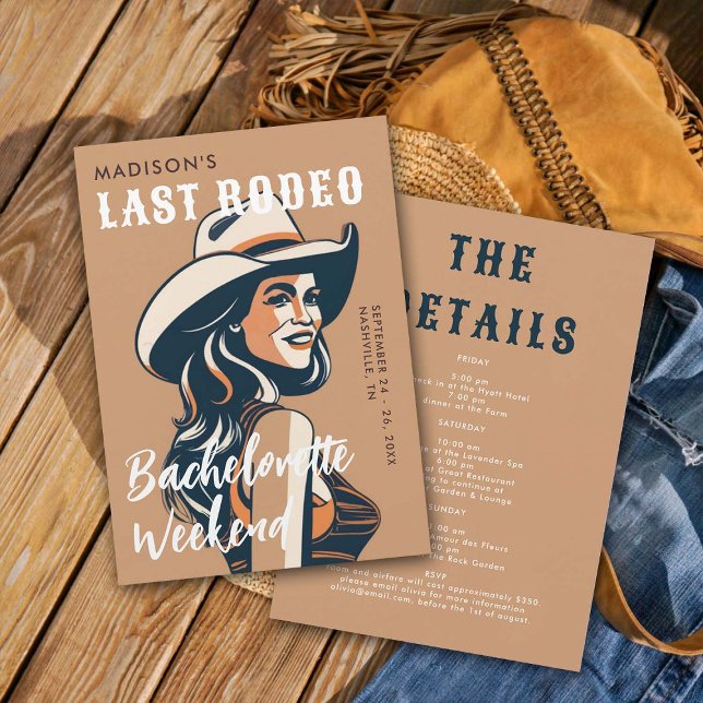 Retro Last Rodeo Poster Art Glam Chic Bachelorette Inbjudningar (last rodeo bachelorette weekend invitation itinerary retro vintage elegant glam terracotta orange)