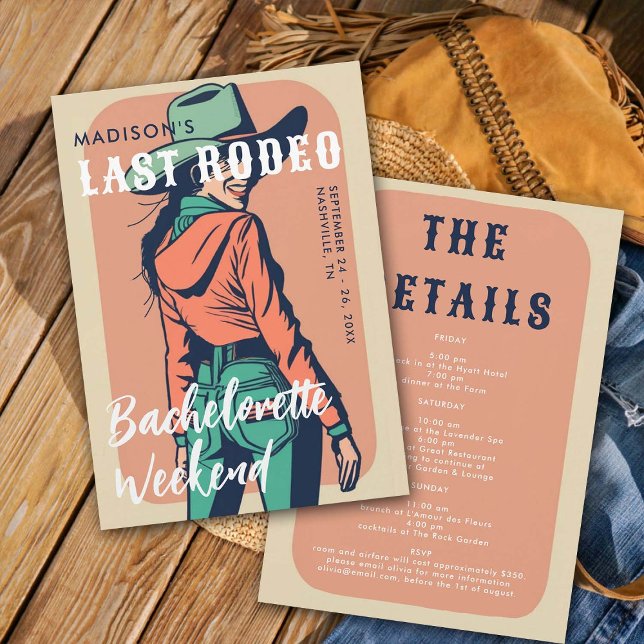 Retro Last Rodeo Poster tunierär Bachelorette Inbjudningar (last rodeo bachelorette weekend invitation itinerary retro cowgirl vintage poster elegant glam)
