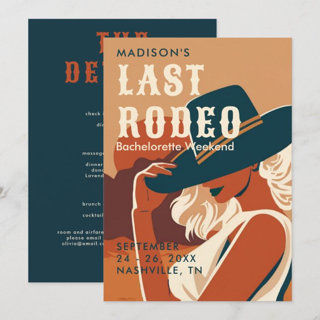 Retro Last Rodeo Terracotta Itinerary Bachelorette Inbjudningar (Fram/baksida)