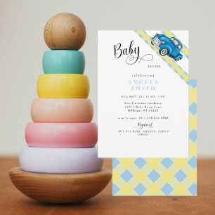 Retro lastbil gul blå Gingham pojke baby shower Inbjudningar