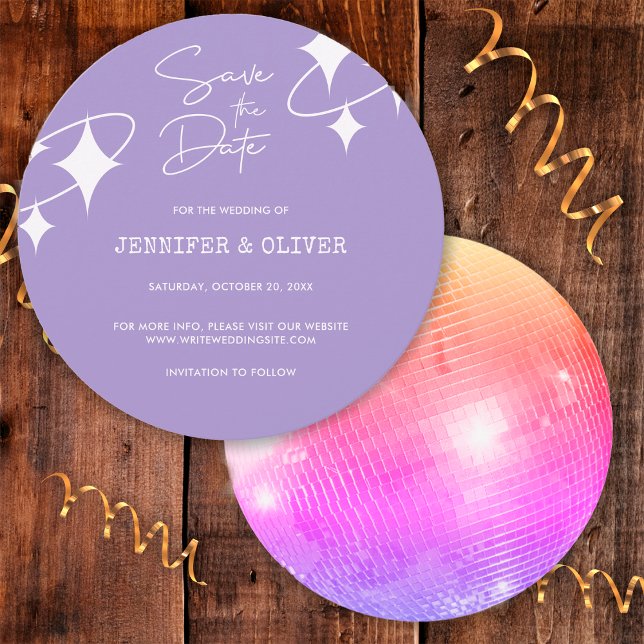 Retro Lavendel Disco Boll Bröllop Spara Datum Inbjudningar (Front/Back)