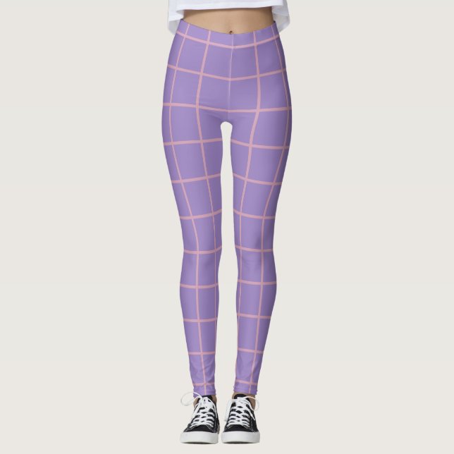 Retro Lavender Lila och Rosa Simple Grid Mönster Leggings (Framsida)