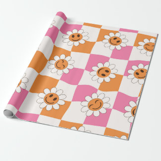 Retro Leende blommor på skeva schackbräden Presentpapper