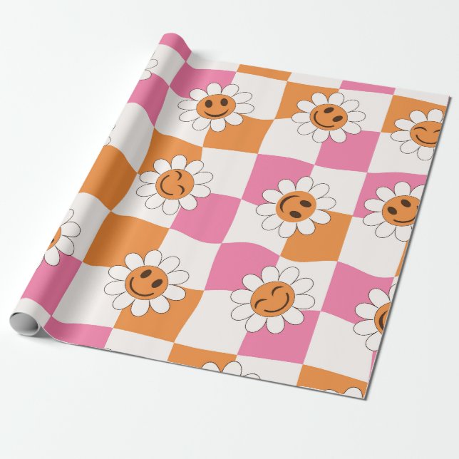 Retro Leende blommor på skeva schackbräden  Presentpapper (Utrullad)