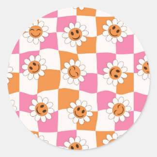 Retro Leende blommor på skeva schackbräden Runt Klistermärke