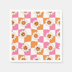 Retro Leende blommor på skeva schackrutor Pappersservett
