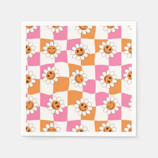 Retro Leende blommor på skeva schackrutor Pappersservett