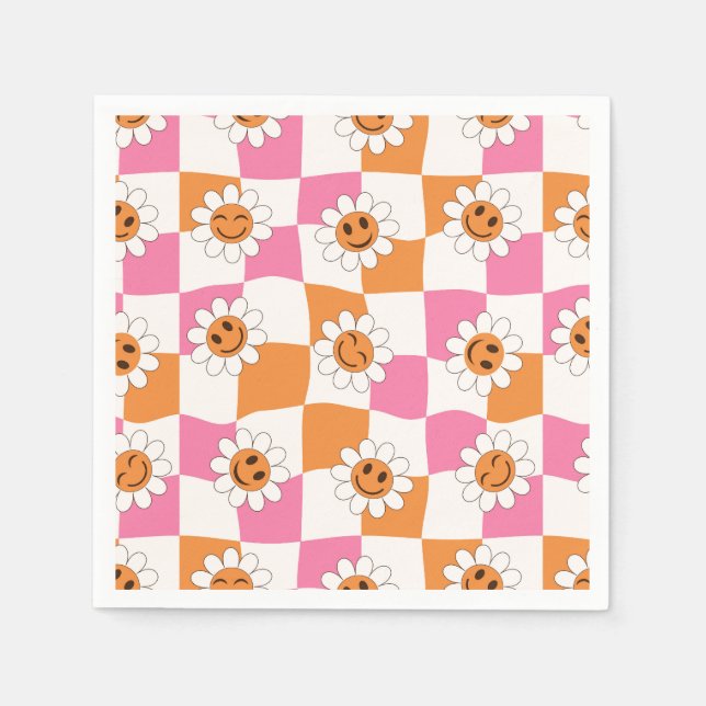 Retro Leende blommor på skeva schackrutor  Pappersservett (Framsidan)