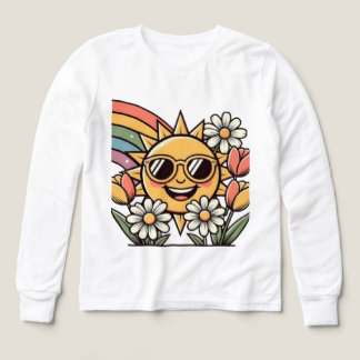 Retro Leende Sol Regnbåge Blommig Söt Vintage Este T Shirt