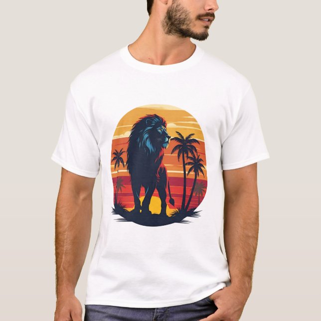 Retro Lejon Sunset T-Shirt Vintage Wildlife Graphi (Framsida)