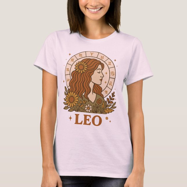 Retro Lejon Zodiak Boho Blommig Astrologi T Shirt (Framsida)