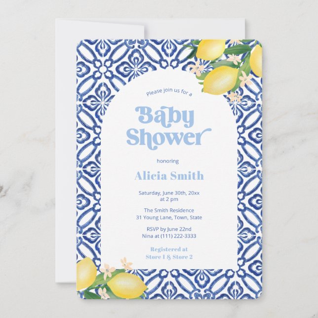 Retro Lemons Blue Tiles Boy Shower Party Inbjudningar (Framsida)