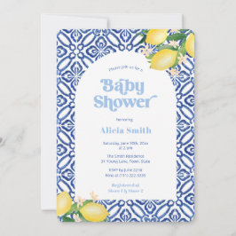 Retro Lemons Blue Tiles Boy Shower Party Inbjudningar
