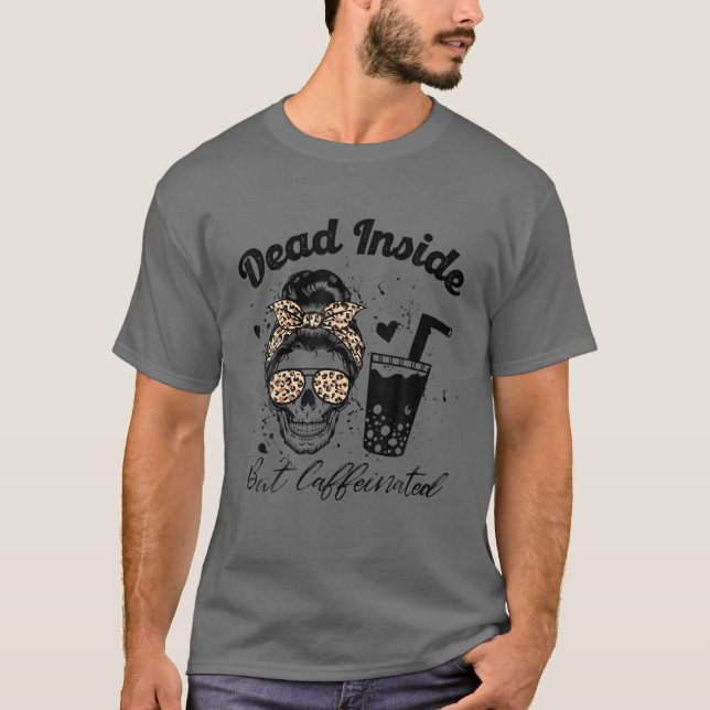 Retro Leopard Messy Bun Skull Funny Caffeine Quote T Shirt (Framsida)