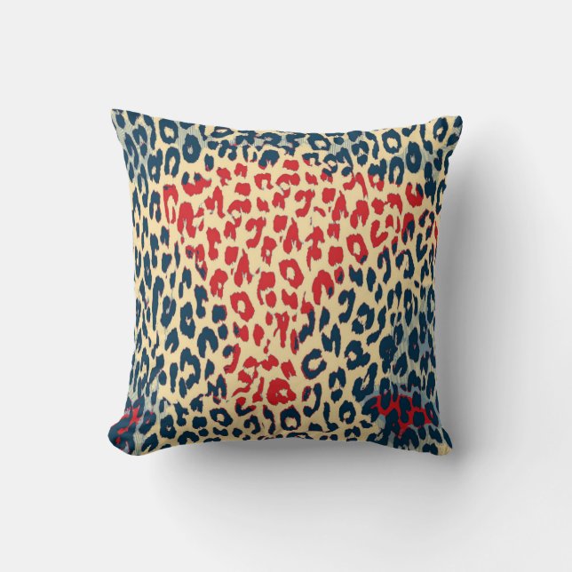 Retro Leopard Print Skin (Red, Blue, Cornsilk) Kudde (Framsida)