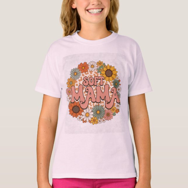 Retro Leopardmönster "Mjuk Mama" Blommig Grafisk D T Shirt (Framsida)