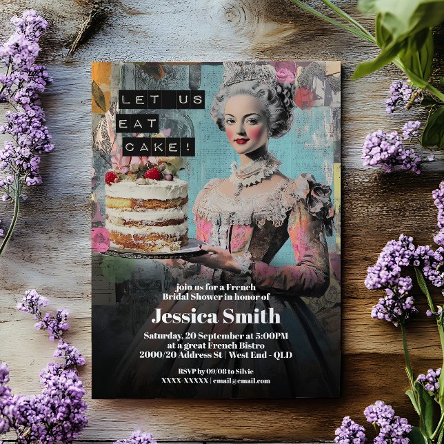Retro Let us Eat Cake - Fransk Möhippa Inbjudningar (Get ready to party like it's 1789! This playful invitation channels the ultimate queen of glam.)