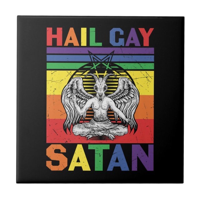 Retro LGBT Rainbow Flagga Hail Gay Satan LGBT Goth Kakelplatta (Framsidan)