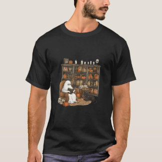 Retro Librarian Bookshelf Teacher Boujee Ghost Cat T Shirt