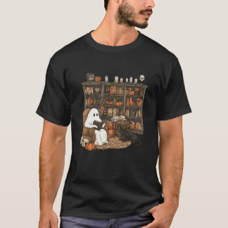 Retro Librarian Bookshelf Teacher Boujee Ghost Cat T Shirt