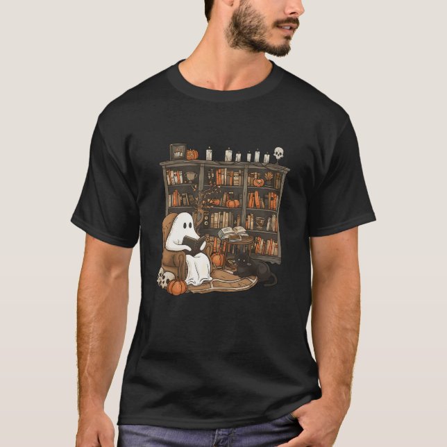 Retro Librarian Bookshelf Teacher Boujee Ghost Cat T Shirt (Framsida)