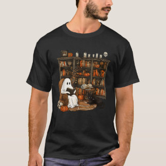 Retro Librarian Bookshelf Teacher Boujee Ghost Cat T Shirt