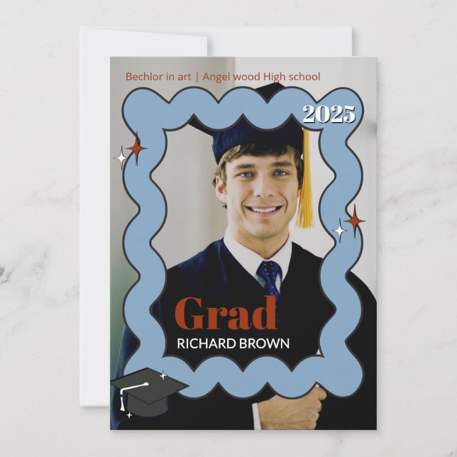 Retro Light blue-bläckfisk vågigt studenten inbjud Meddelande (Framsida)