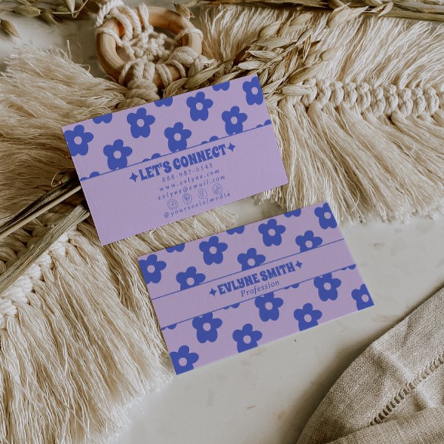Retro lila blå groovy blomster boho unik 70-tal visitkort (Skapare uppladdad)