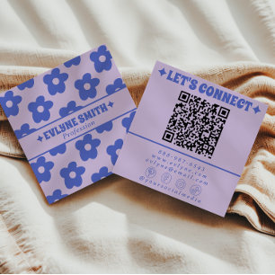 Retro Lila Blå QR-kod Groovy Blommig Trendig Rolig Fyrkantigt Visitkort