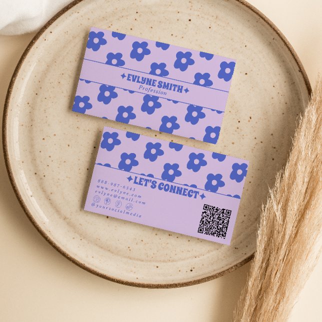 Retro lila blå QR-kod Groovy blommig unik Visitkort (Skapare uppladdad)