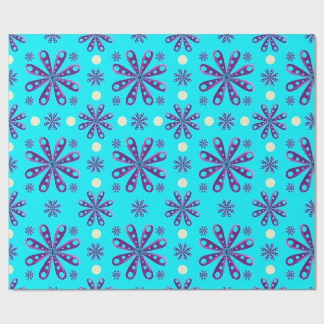 Retro lila blommor på blå bakgrund presentpapper (Platt)