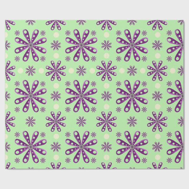 Retro lila blommor på grön bakgrund presentpapper (Platt)
