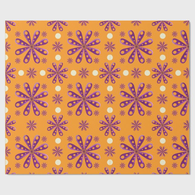 Retro lila blommor på orange bakgrund presentpapper (Platt)