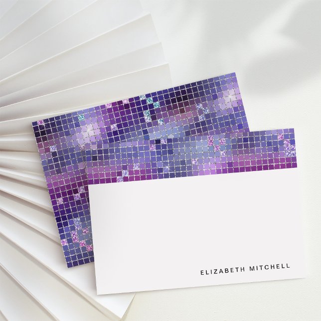 Retro Lila Blue Rosa Disco Boll Spegel Monogram Anteckningskort (Glam, disco-inspired note cards)